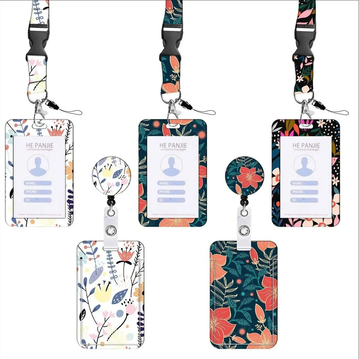A set of floral retractable badge reels with lanyards and card holders in various patterns.
