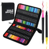A black zippered case containing a set of 36 dual-tip brush markers in various vibrant colors.