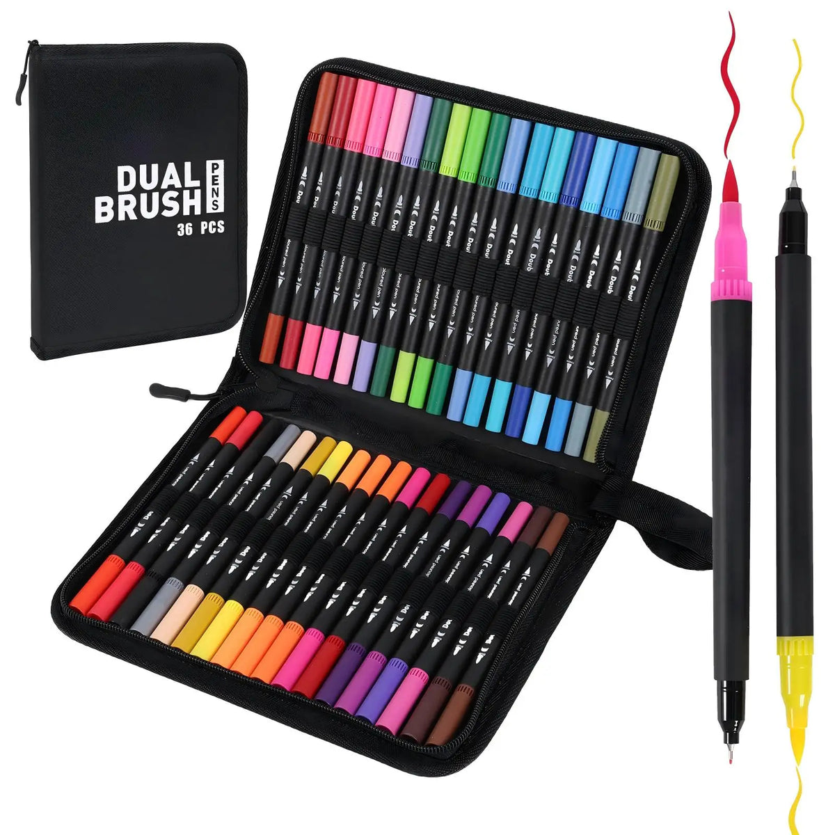 A black zippered case containing a set of 36 dual-tip brush markers in various vibrant colors.
