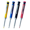 A set of three mechanical pencils with sharpener, featuring yellow, blue, and red bodies.