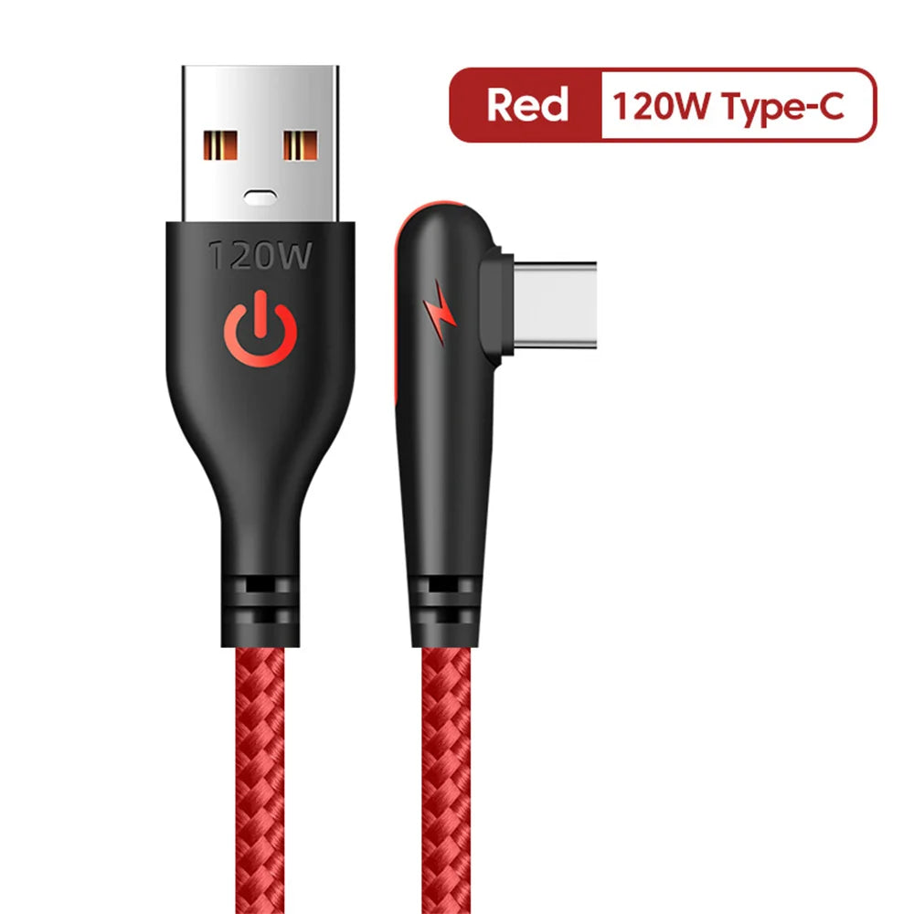 A red 120W Type-C charging cable with a durable braided cord and a USB-C connector.