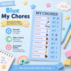 A blue reusable sliding chore chart board with habit trackers for kids, showing various household tasks.