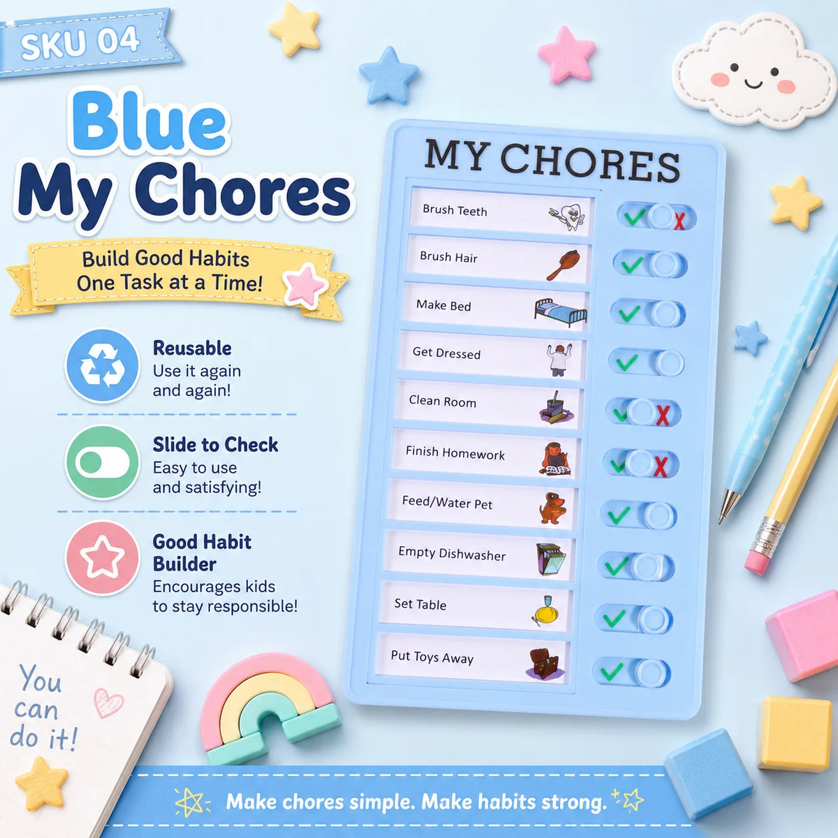 A blue reusable sliding chore chart board with habit trackers for kids, showing various household tasks.