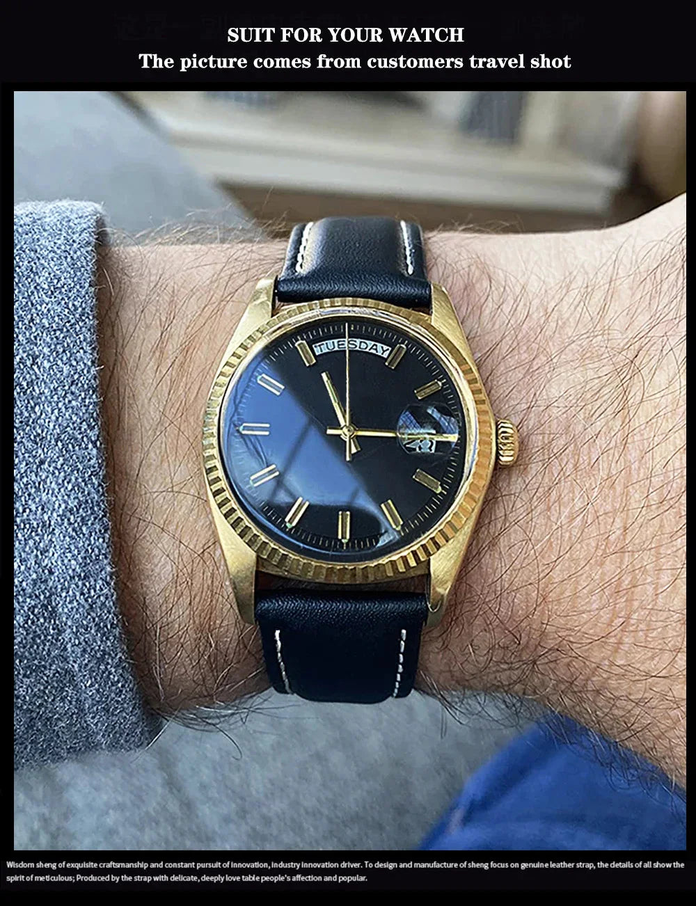 A close-up photo of a men's watch with a gold-toned case and black leather strap on a wrist.