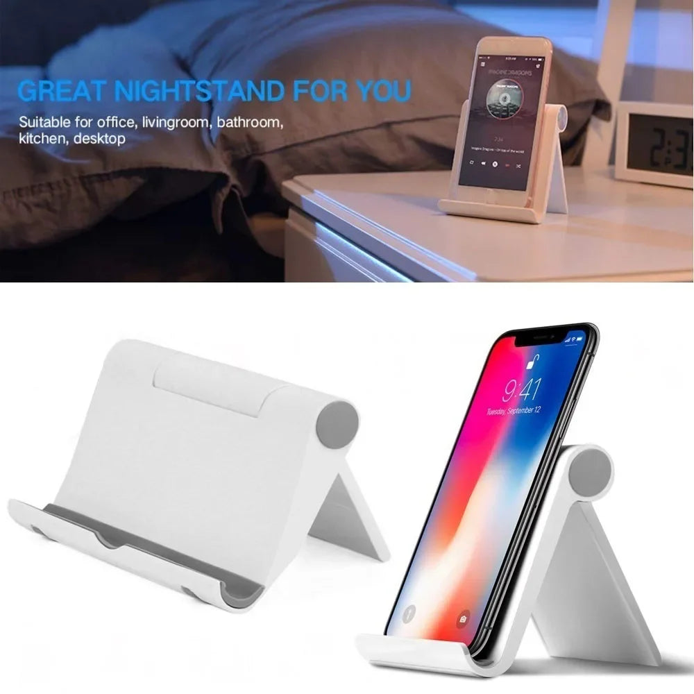 A white flexible multi-angle tablet and phone desk stand shown in various angles.