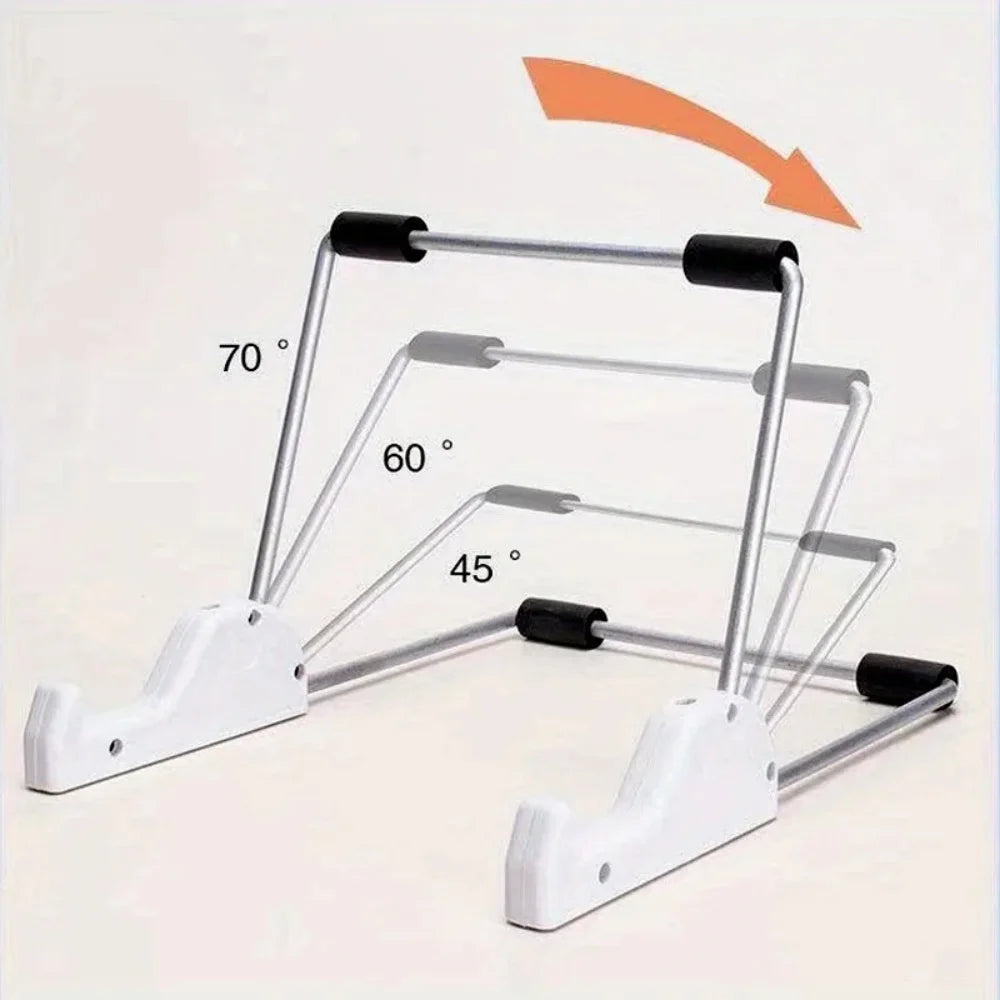Foldable aluminum stand for tablets and laptops with adjustable angles of 45, 60, and 70 degrees.