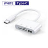 Adaptador lector de tarjeta Type-C a USB OTG blanco con cable y conector blancos.