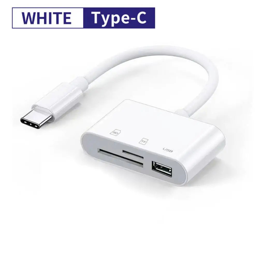 Adaptador lector de tarjeta Type-C a USB OTG blanco con cable y conector blancos.