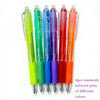Six assorted colored retractable erasable gel pens standing upright in a row.