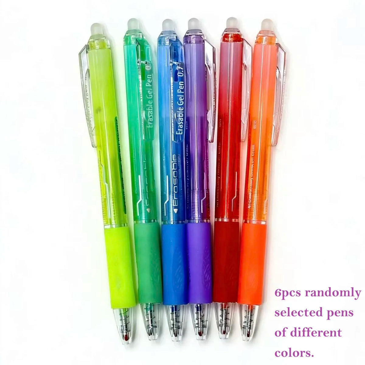 Six assorted colored retractable erasable gel pens standing upright in a row.