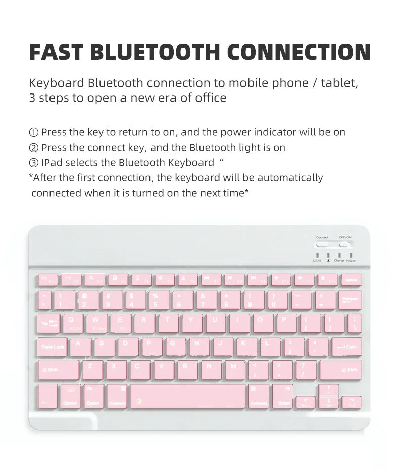 Pinkes kabelloses Bluetooth-Tastaturlayout mit verschiedenen Tasten.