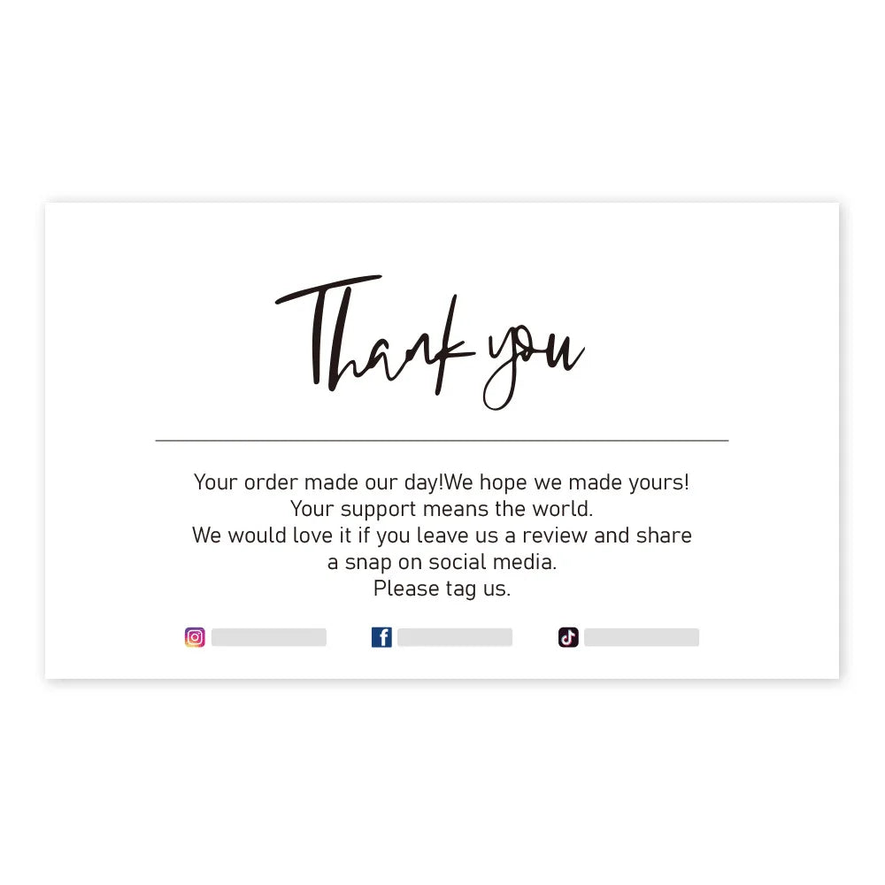 A thank you note design with the text Thank you and instructions for leaving a review and sharing on social media.