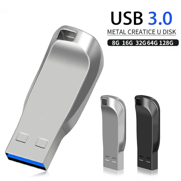 Una unidad USB metálica USB 3.0 plateada se muestra de lado, con varias opciones de capacidad.