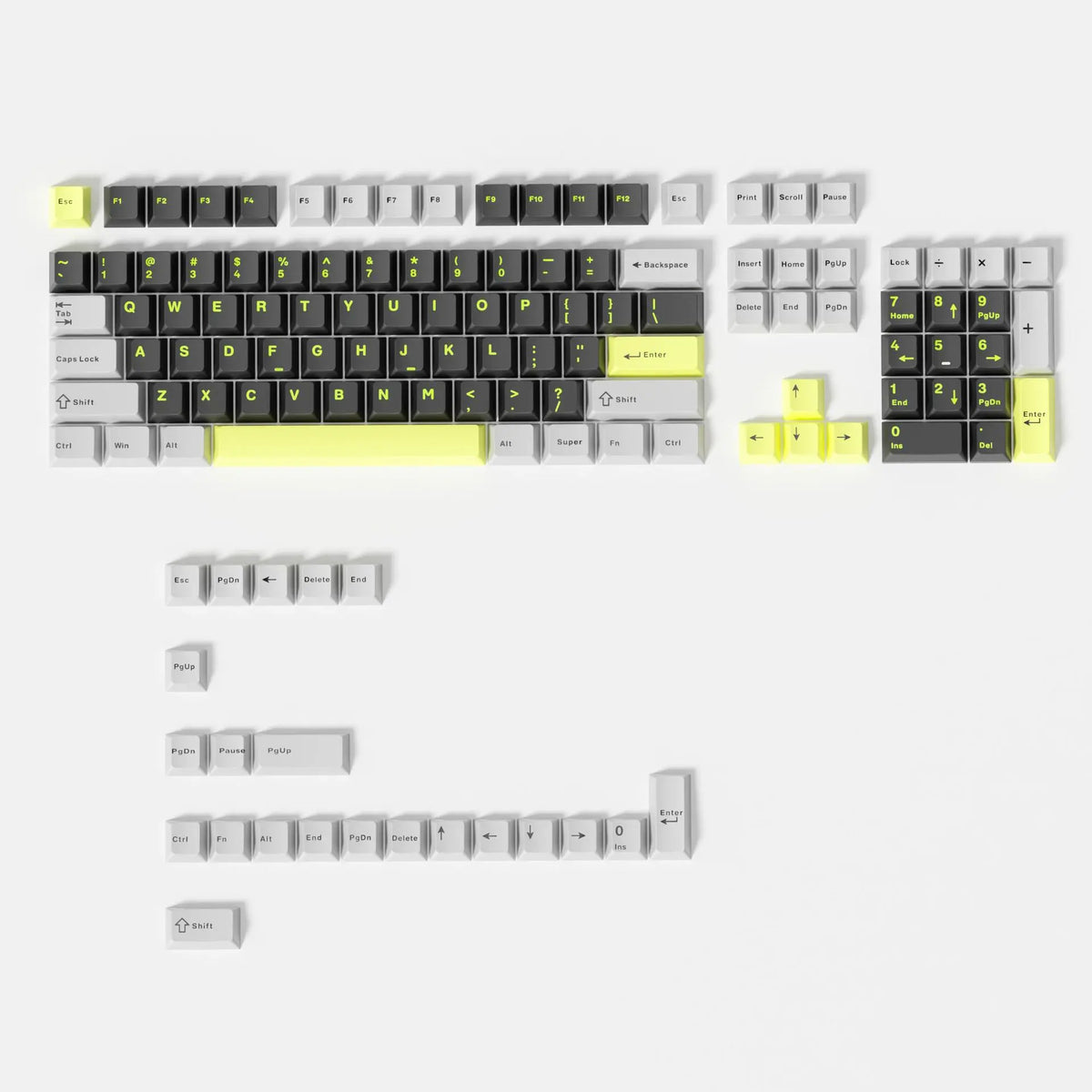 A close-up view of dark blue PBT keycaps with cherry profile for mechanical keyboards, showing various keys and a layout.