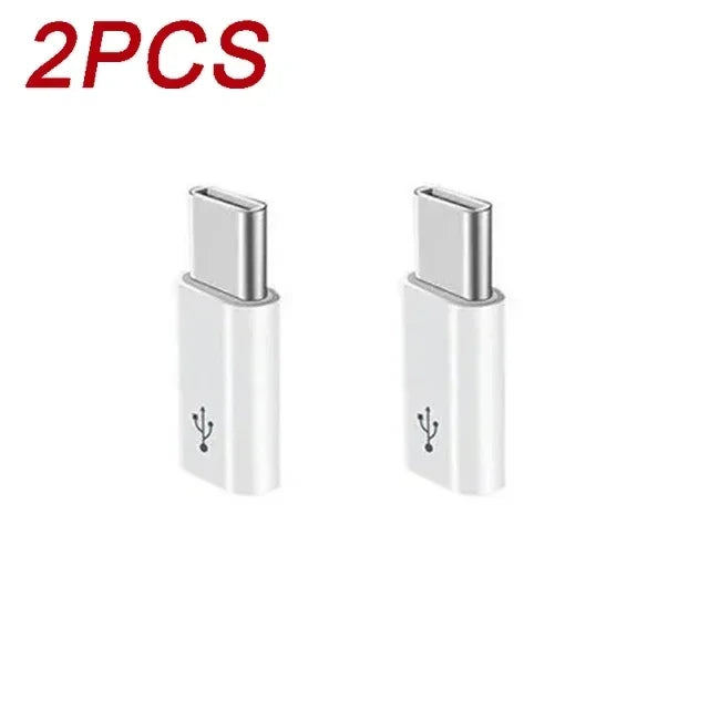 Two white USB Type-C to Micro USB adapter converters shown side by side.