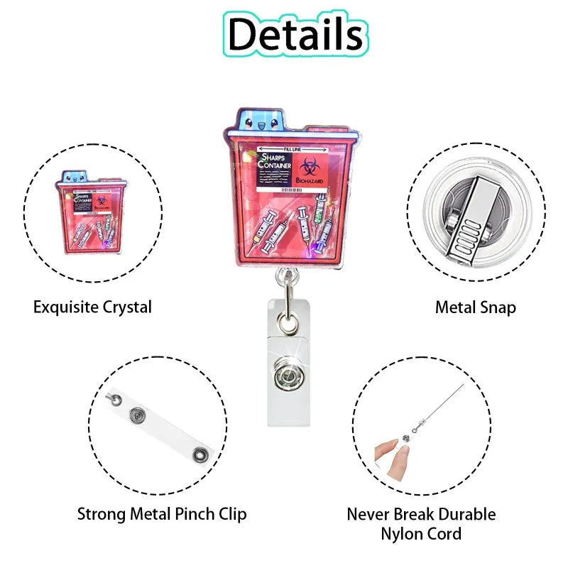 Details of an anime large intestine badge reel featuring a sharp container, metal snap, and strong metal pinch clip.