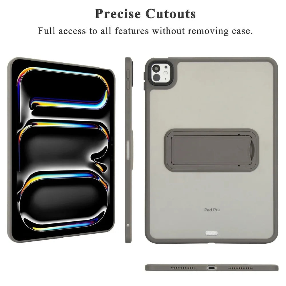 A matte protective case for an iPad Pro showing various precise cutouts and the device itself.