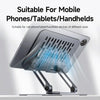 A silver aluminum tablet stand is shown mounted on a surface, designed for mobile phones and tablets.
