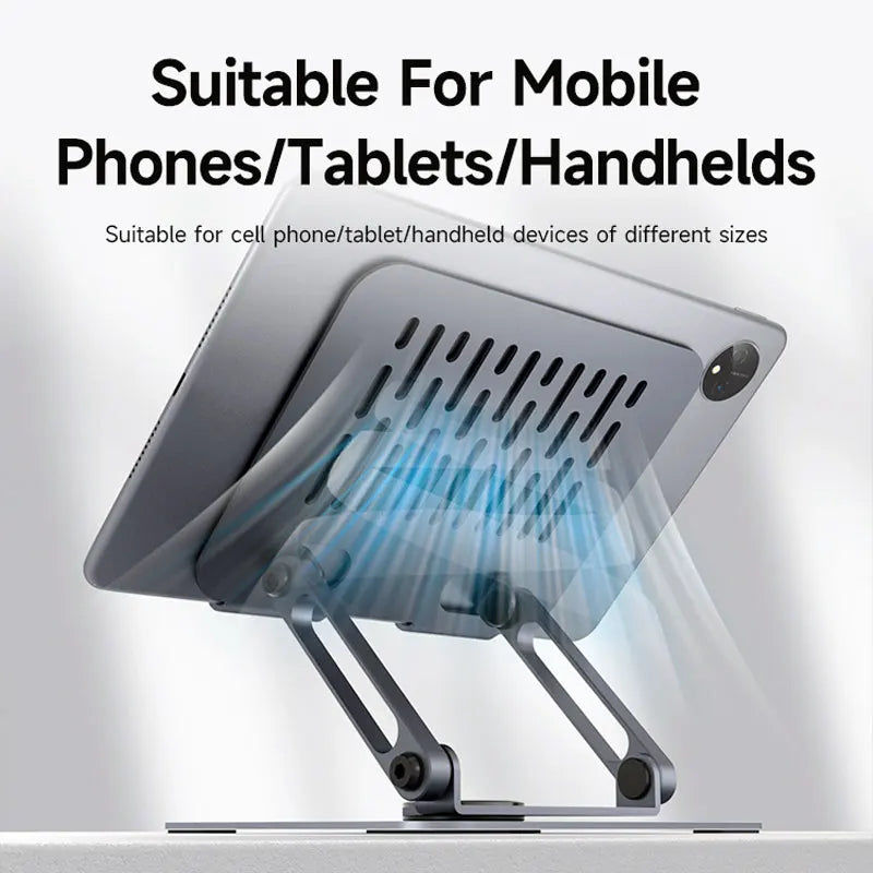 A silver aluminum tablet stand is shown mounted on a surface, designed for mobile phones and tablets.