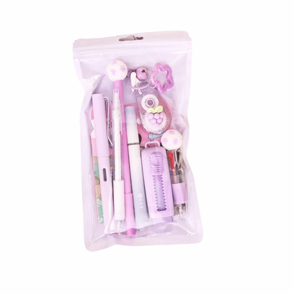 A clear plastic pouch containing a 6-in-1 cartoon school stationery kit with various pink and purple tools.