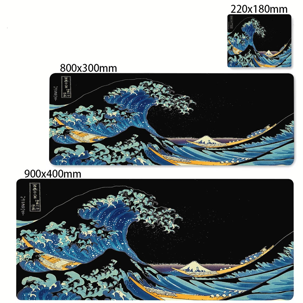 A large mouse pad featuring an illustration of The Great Wave of Kanagawa in blue and yellow tones against a black background