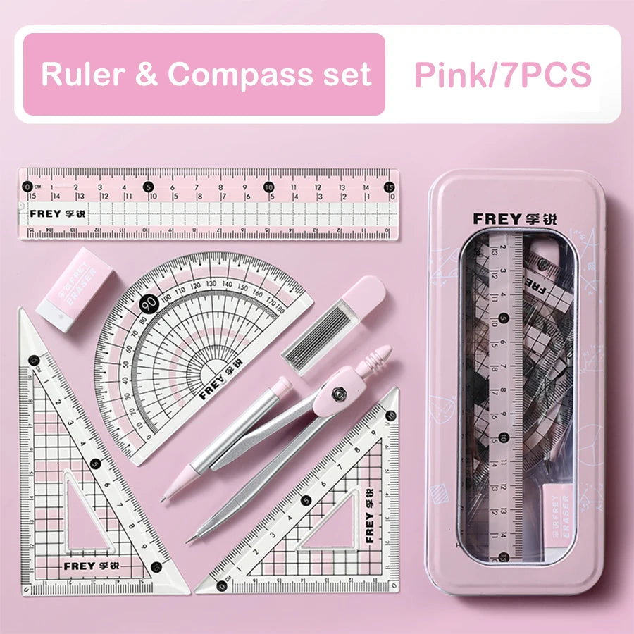Juego de regla y compás rosa con 7 piezas, incluyendo diversas herramientas de medición y una caja de almacenamiento