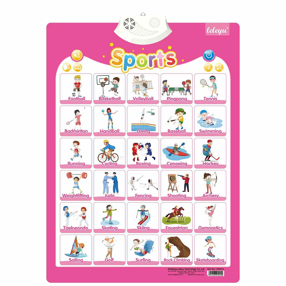 A colorful poster featuring various sports icons and activities for children's learning.