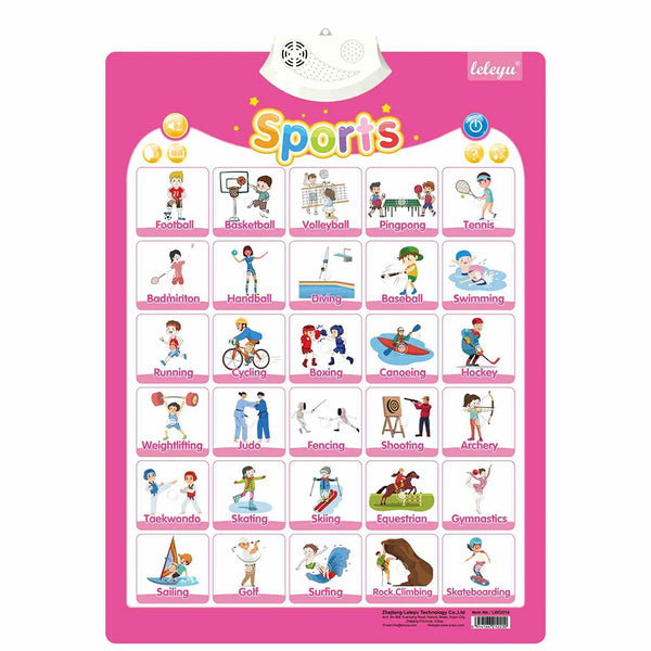 A colorful poster featuring various sports icons and activities for children's learning.