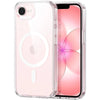 A clear pink phone case with a magnetic back and MagSafe compatibility shown in a transparent packaging.