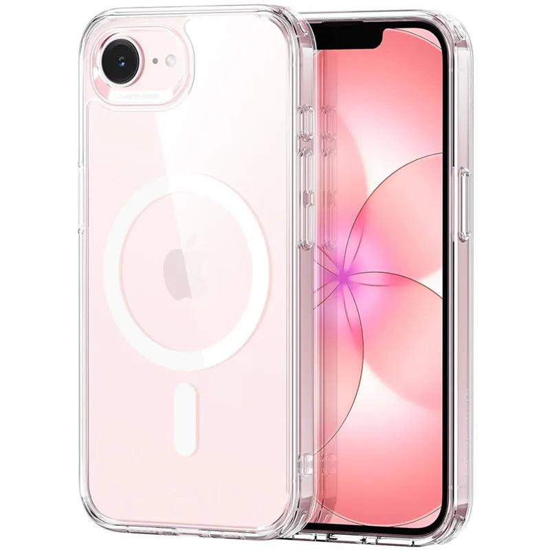 A clear pink phone case with a magnetic back and MagSafe compatibility shown in a transparent packaging.