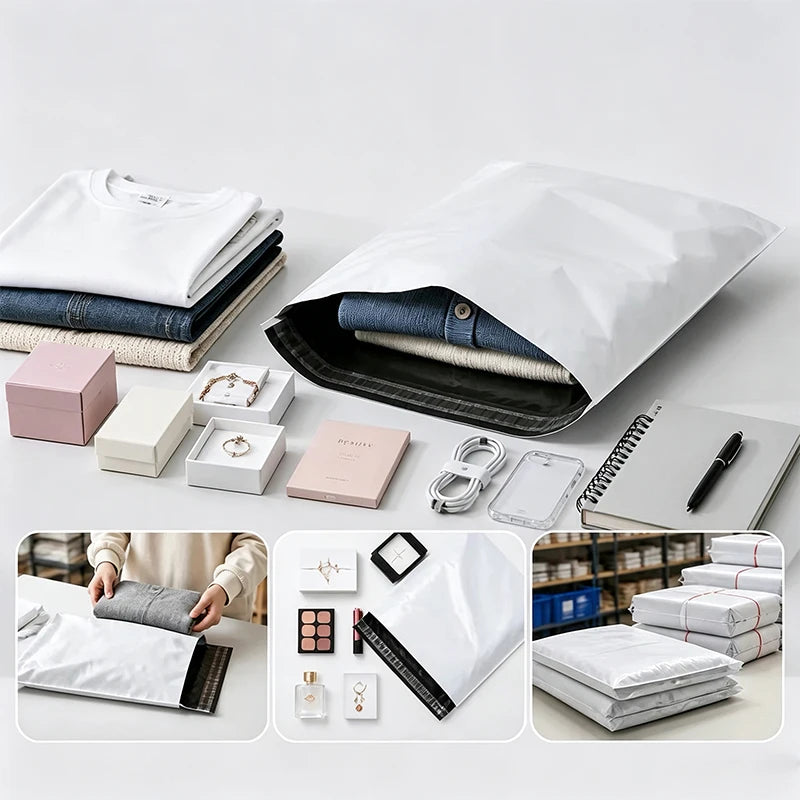 A collection of white and brown self-adhesive courier mailer bags, envelopes, and storage boxes displayed on a white surface.