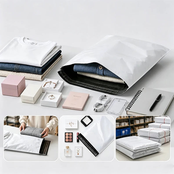 A collection of white and brown self-adhesive courier mailer bags, envelopes, and storage boxes displayed on a white surface.