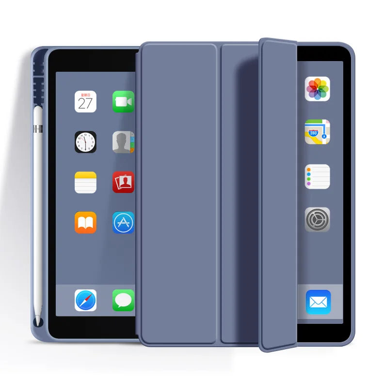 A silver stylus is shown alongside a gray TPU protective case for an iPad displaying various app icons.