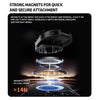 A black magnetic phone holder mount is shown with multiple attachment modes for quick and secure phone placement.