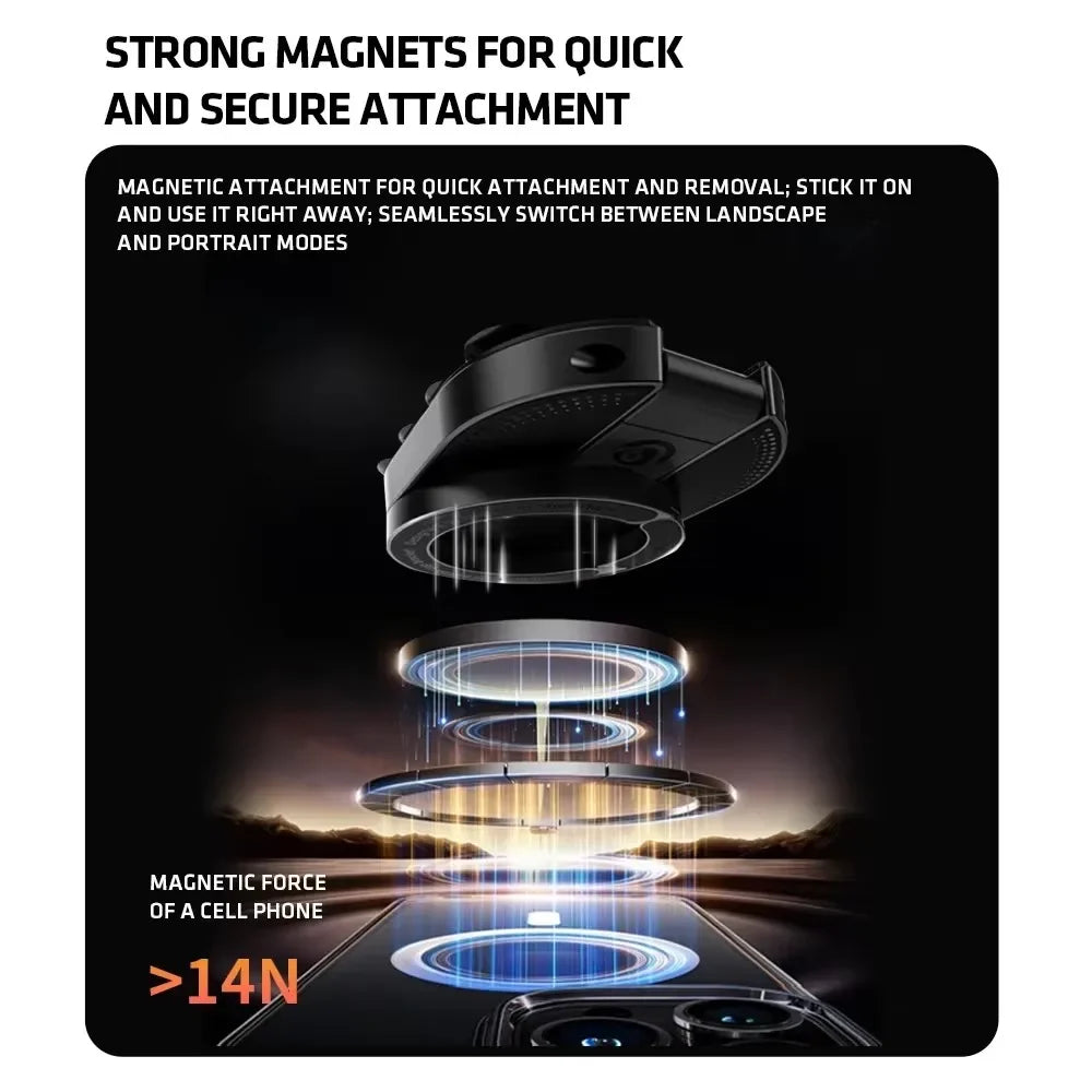 A black magnetic phone holder mount is shown with multiple attachment modes for quick and secure phone placement.