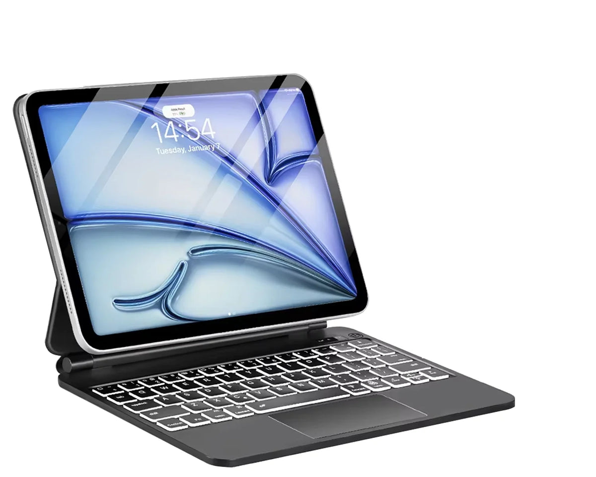 A silver Magic Keyboard case for an iPad is shown open, displaying a blue abstract graphic and a time of 14:54.