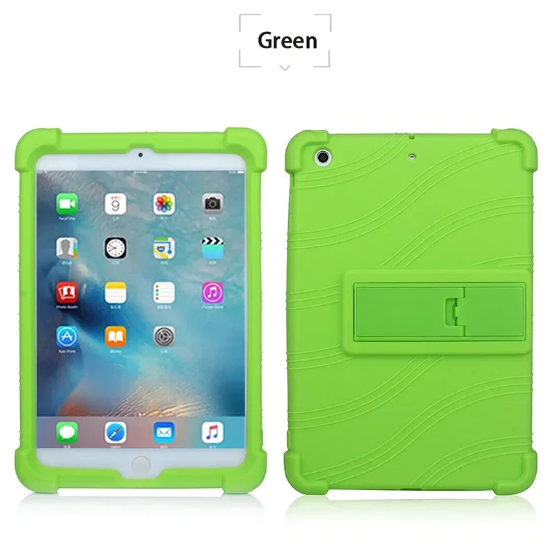 Funda de silicona verde lima para soporte de un iPad Mini, junto a la funda abierta.