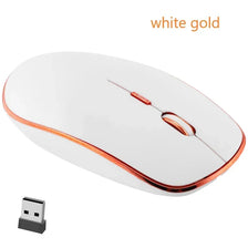 White and gold 2.4GHz silent wireless computer mouse with a USB receiver.