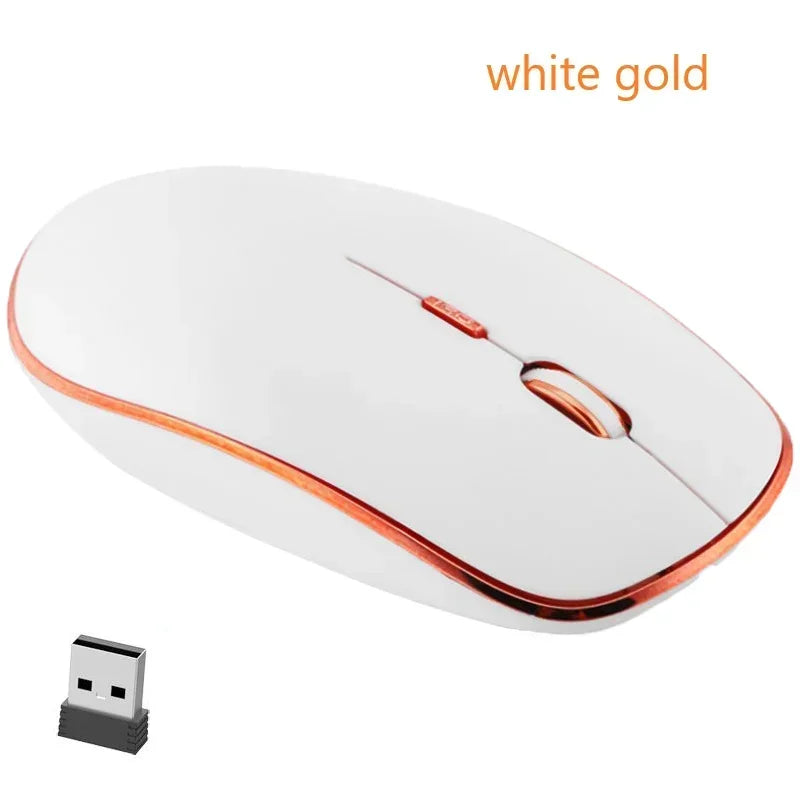 White and gold 2.4GHz silent wireless computer mouse with a USB receiver.
