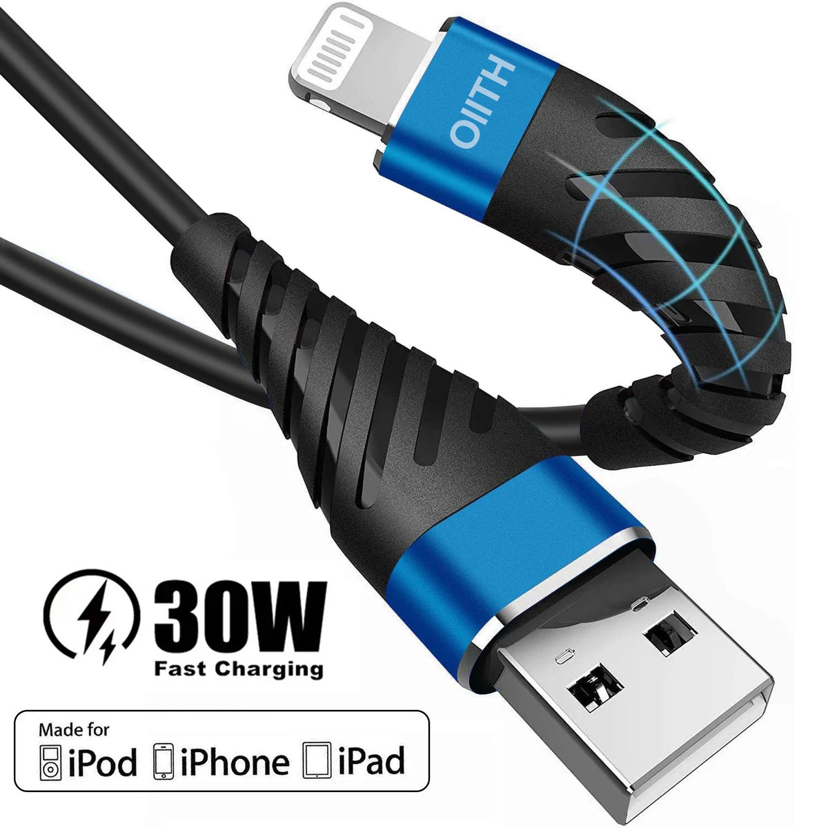 A black and blue fast charging USB cable with an OIIIth connector shown for iPod, iPhone, and iPad devices.