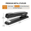 A black EGLE premium metal stapler shown with various paper capacities and dimensions.