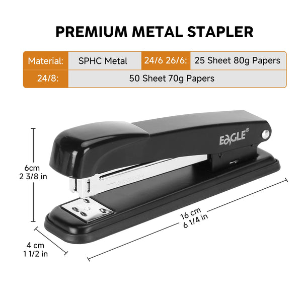 A black EGLE premium metal stapler shown with various paper capacities and dimensions.