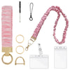 Pink stretchy breakaway ID badge lanyard with a retractable reel and gold hardware.