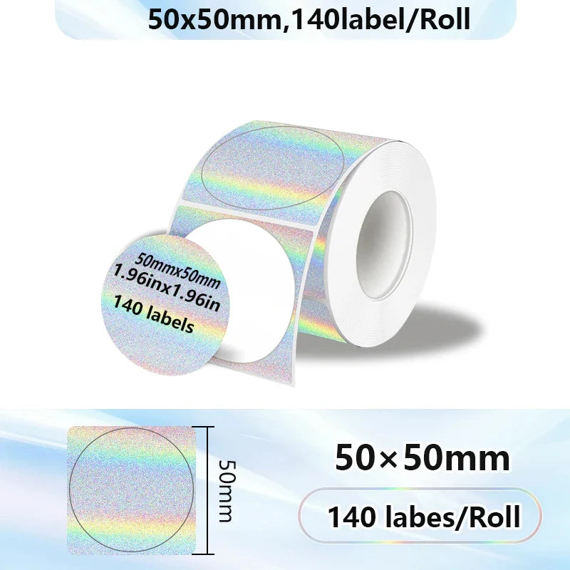 Rollo de etiquetas térmicas autoadhesivas de 50x50mm con acabado holográfico iridiscente