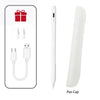 White precision stylus pen with magnetic attachment and charging cable shown next to the pen cap.