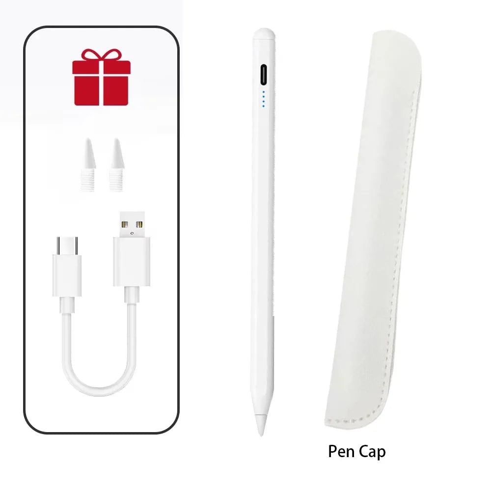 White precision stylus pen with magnetic attachment and charging cable shown next to the pen cap.