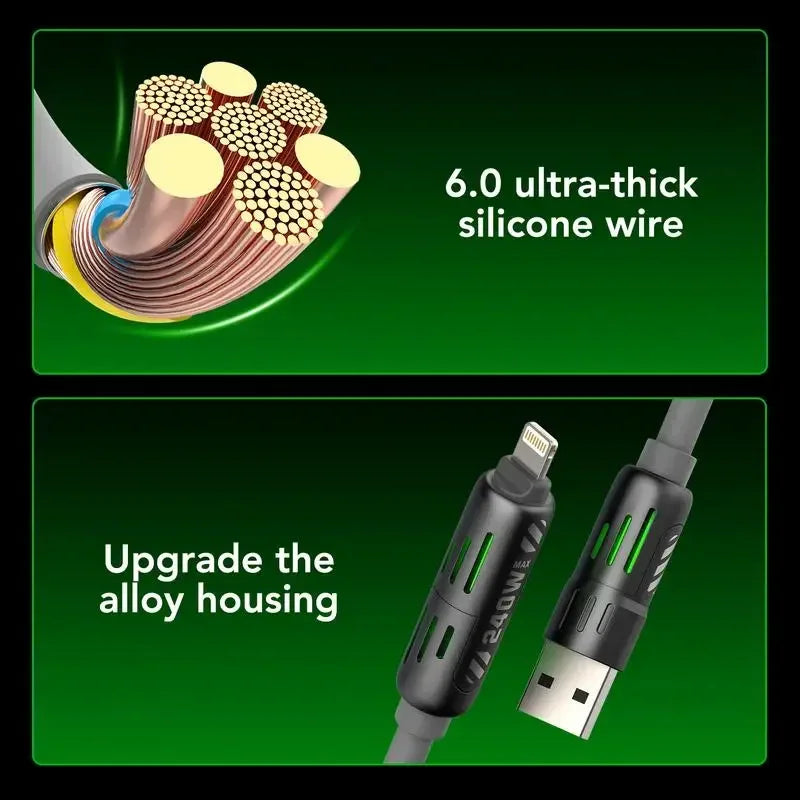 Nahaufnahme eines dicken Silikonkabels und eines Legierungsgehäuses für ein USB-C-Kabel.
