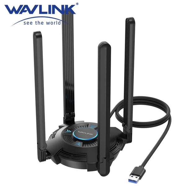 A black Tri-Band Wi-Fi 6E adapter with multiple antennas and a cable is shown.