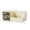 A light beige multifunctional desk organizer with two clear storage drawers and a slanted compartment.