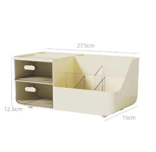 A light beige multifunctional desk organizer with two clear storage drawers and a slanted compartment.